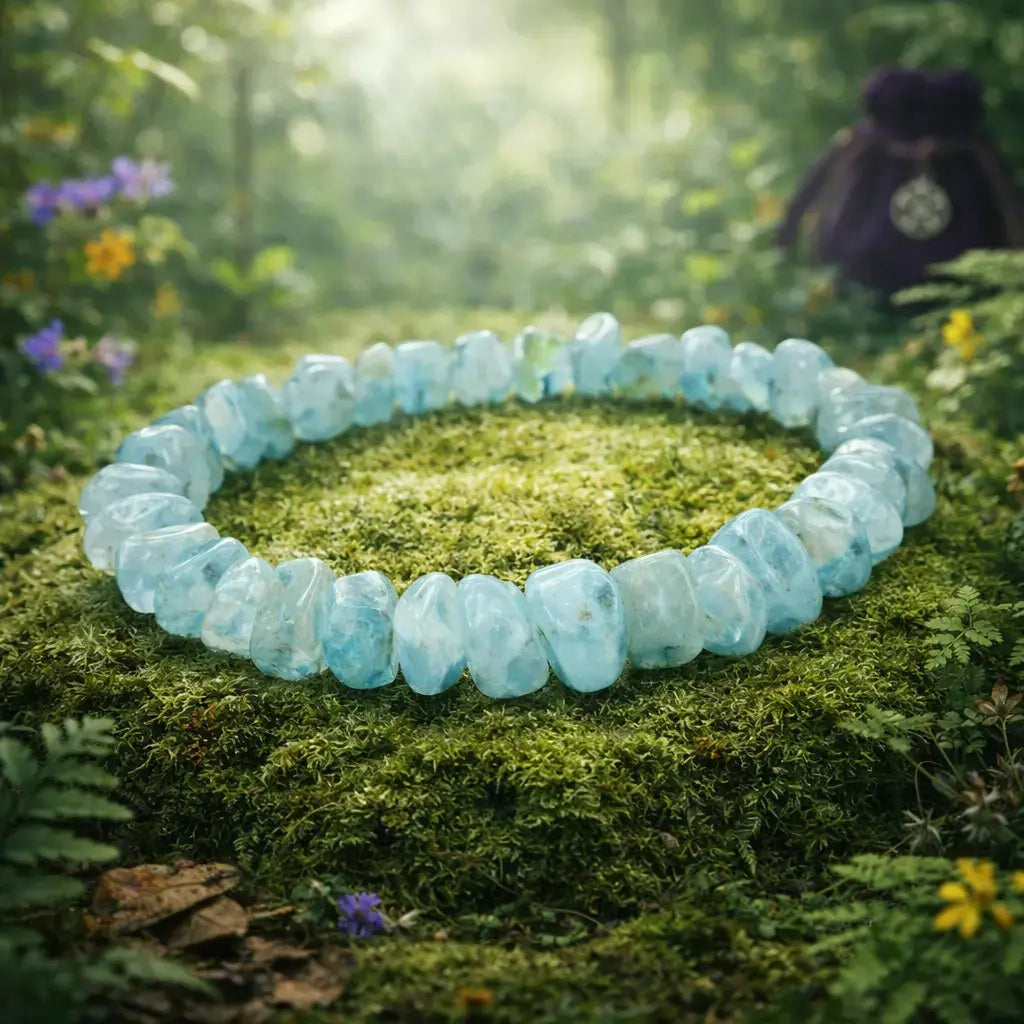 Un bracelet baroque en pierres naturelles d'aigue-marine, composé de perles polies aux tons bleu clair translucides, posé sur un socle de mousse verdoyante dans un décor de forêt naturelle et lumineuse.