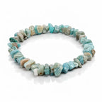Un bracelet baroque en pierres naturelles d'amazonite, composé de petits éclats polis aux nuances bleu-vert et beige montés sur un fil élastique, présenté sur un fond blanc avec un léger reflet.