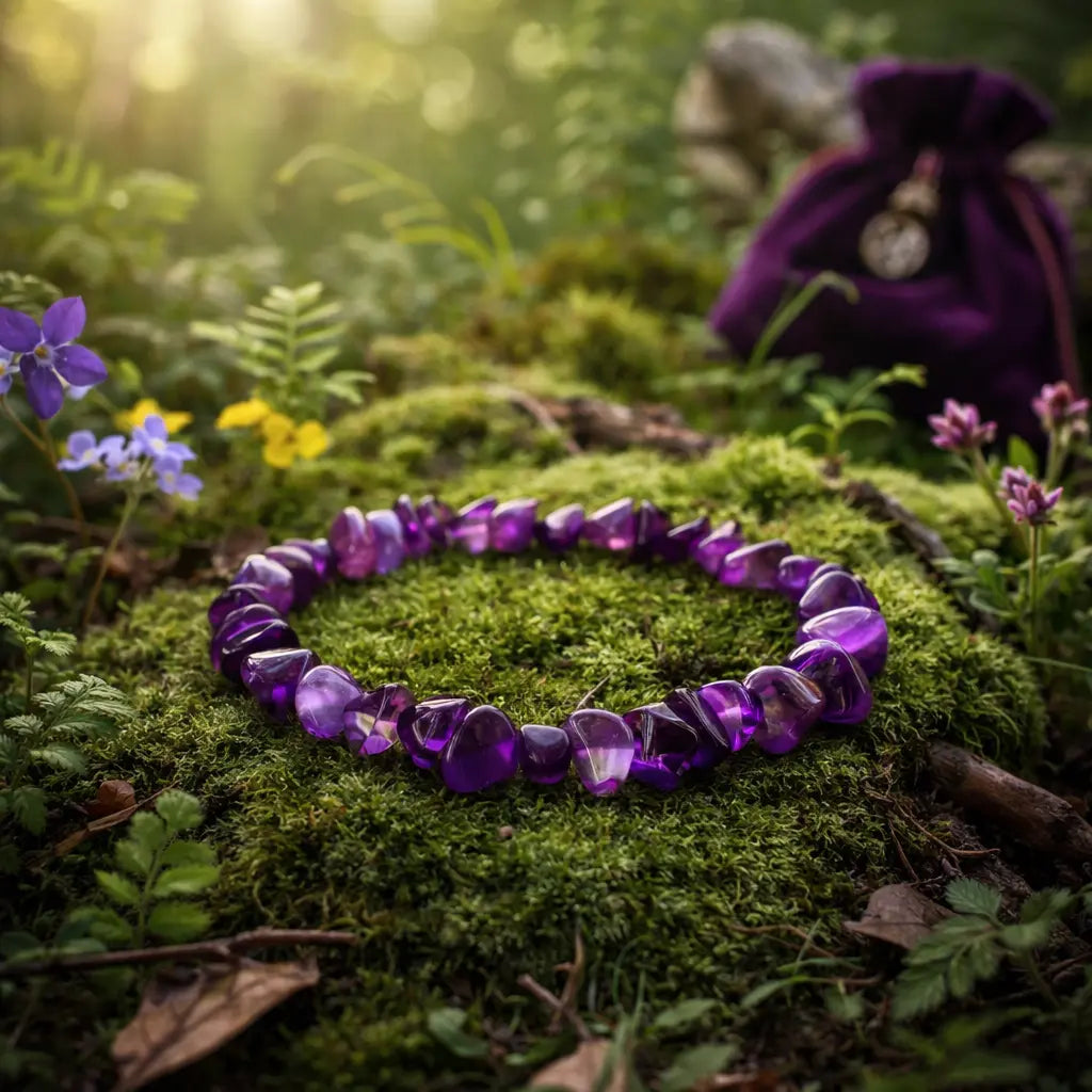 Bracelet d'éclats baroques d'améthyste de qualité AAA au violet profond et translucide, disposé sur un tapis de mousse forestière baigné par une lumière matinale.