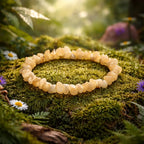 Bracelet composé d'éclats baroques d'aragonite aux tons crème et terreux, disposé sur un lit de mousse forestière parsemé de petites fleurs sauvages.