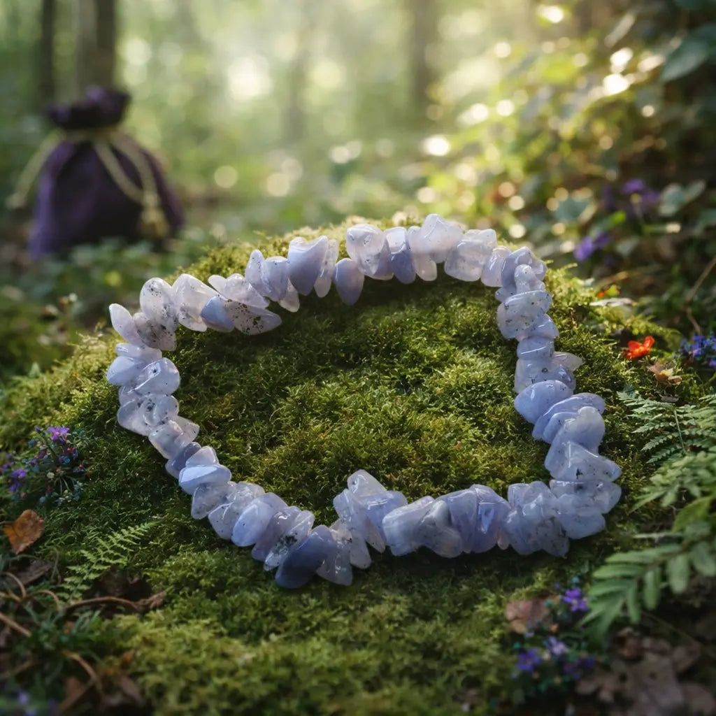 Bracelet d'éclats baroques de calcédoine bleu pastel et translucide, évoquant la douceur d'un ciel voilé, posé sur une mousse forestière dense.