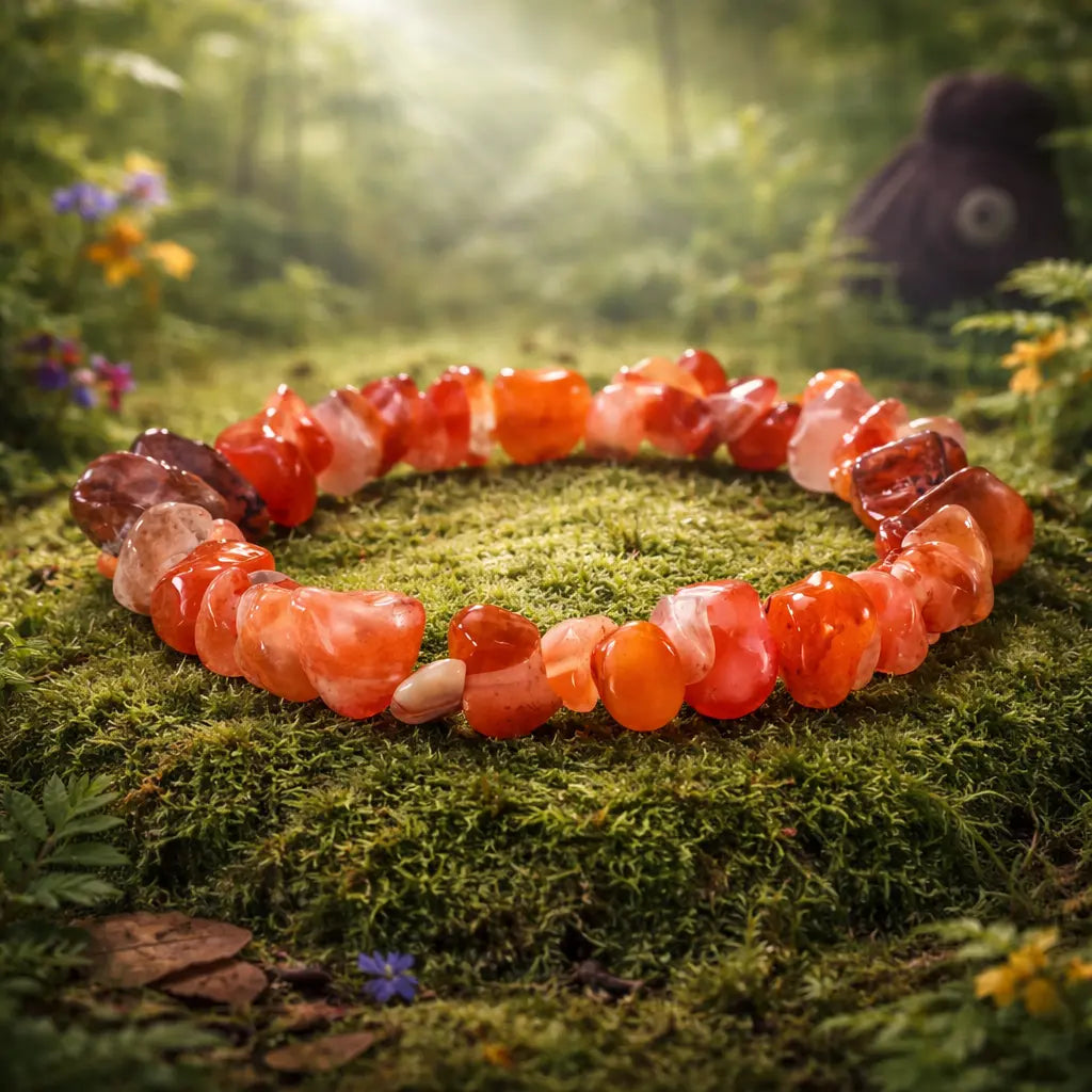 Bracelet composé d'éclats baroques de cornaline aux nuances orangées et rougeoyantes, disposé en cercle sur un lit de mousse forestière baigné de lumière.