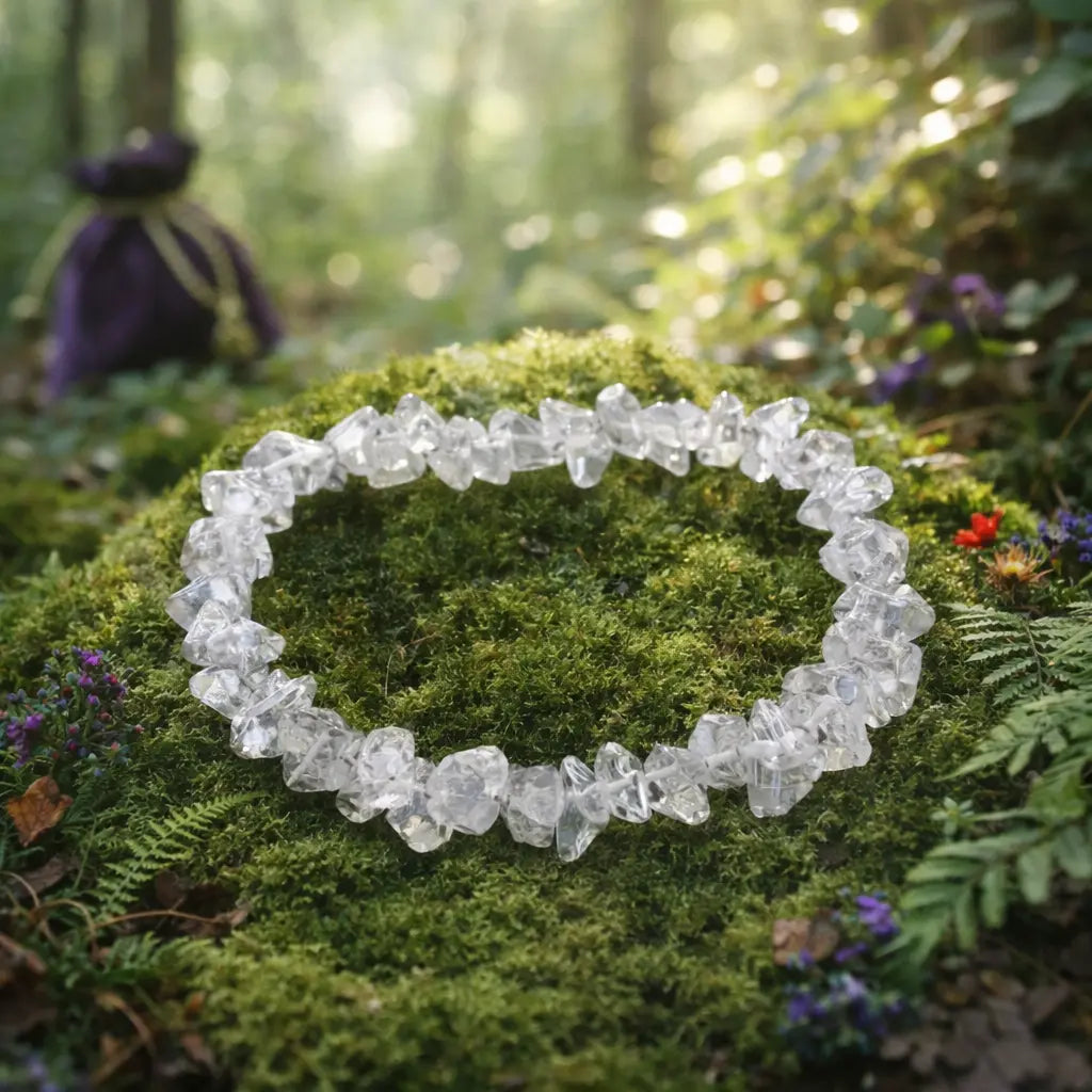 Bracelet d'éclats baroques de cristal de roche translucide et étincelant, formant une couronne de lumière sur un dôme de mousse forestière.