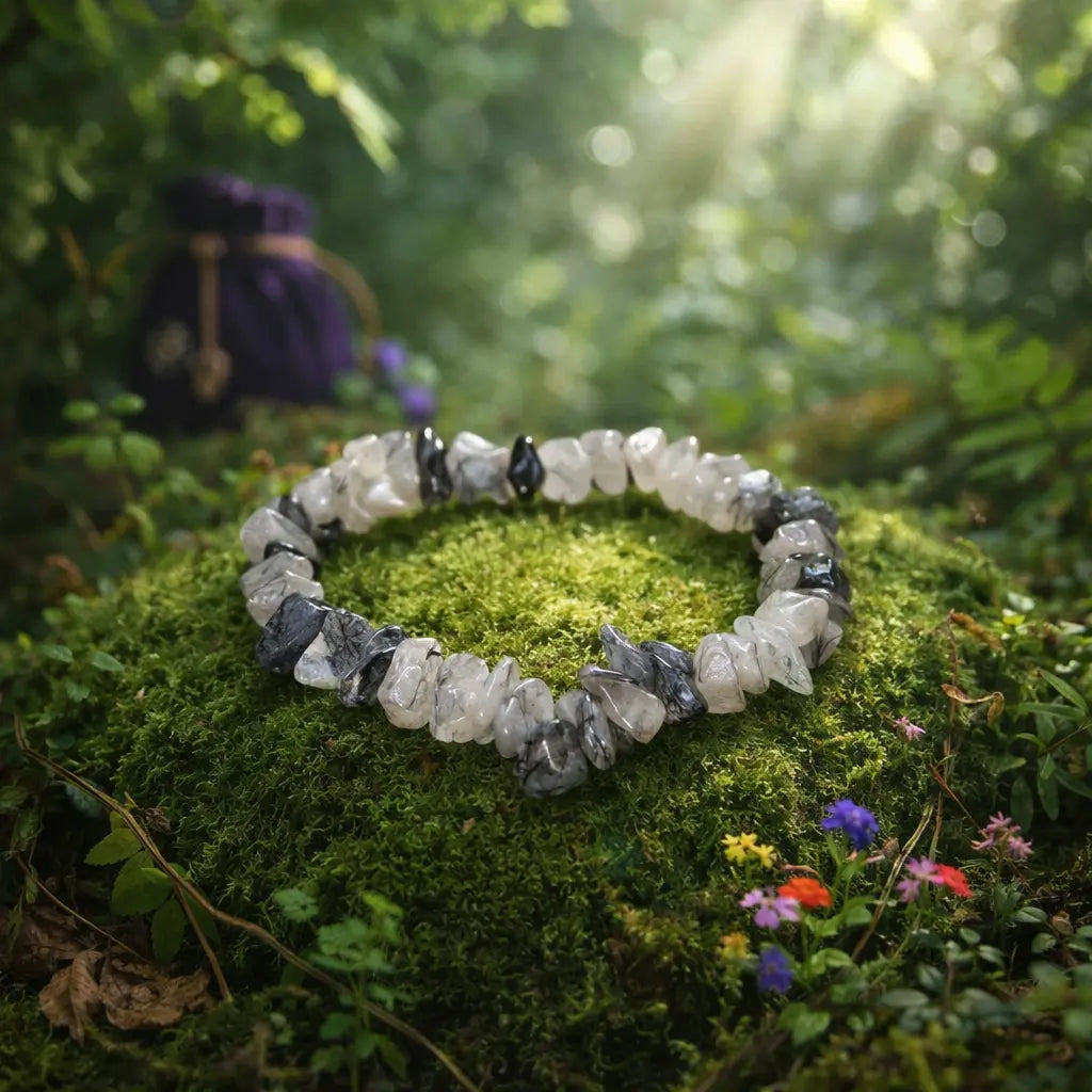Bracelet d'éclats baroques alternant quartz translucide et inclusions de tourmaline noire, posé sur un dôme de mousse forestière sous une lumière céleste.