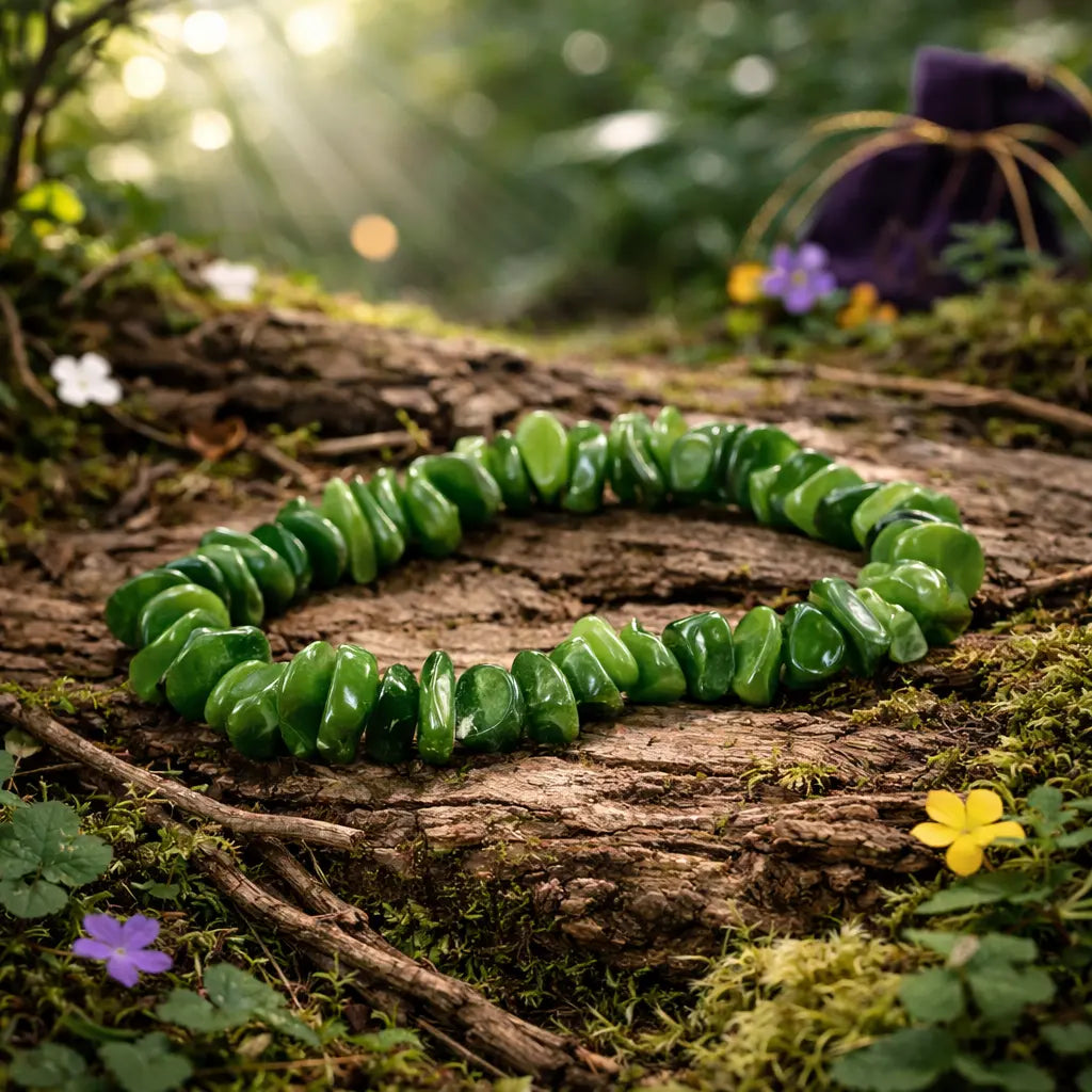 Bracelet en éclats polis de jade néphrite d'un vert olive profond et lumineux, reposant sur une écorce de bois ancienne entourée de petites fleurs sylvestres.