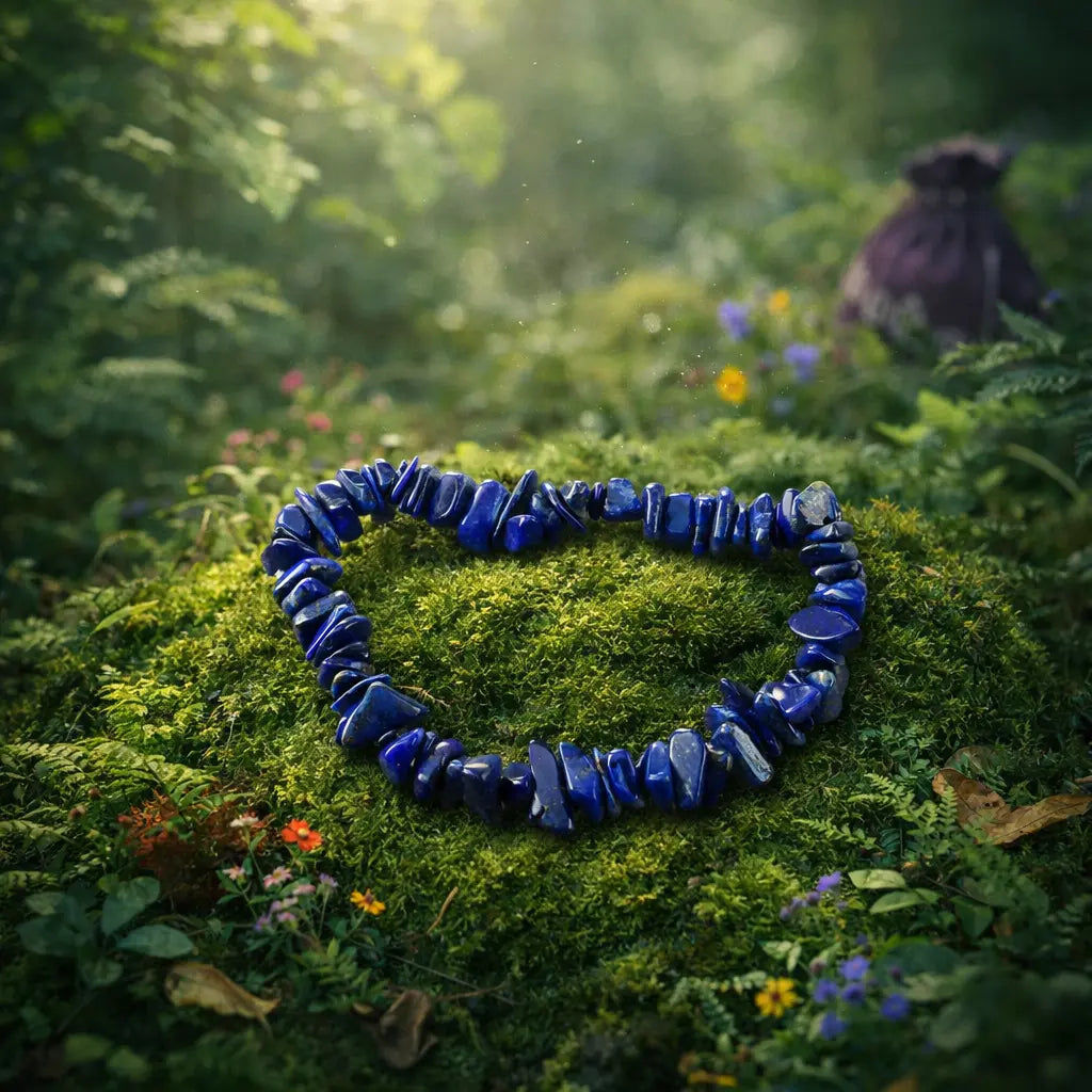 Bracelet d'éclats baroques de lapis-lazuli d'un bleu outremer profond parsemé de pyrite dorée, posé sur un lit de mousse forestière sauvage.