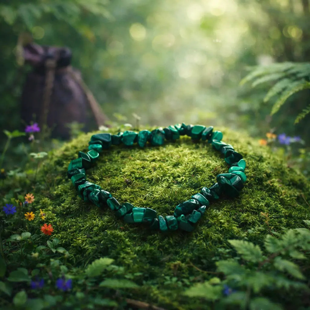 Bracelet baroque en pierres de malachite d'un vert forêt intense avec des marbrures concentriques, posé sur un lit de mousse sauvage sous une lumière tamisée.