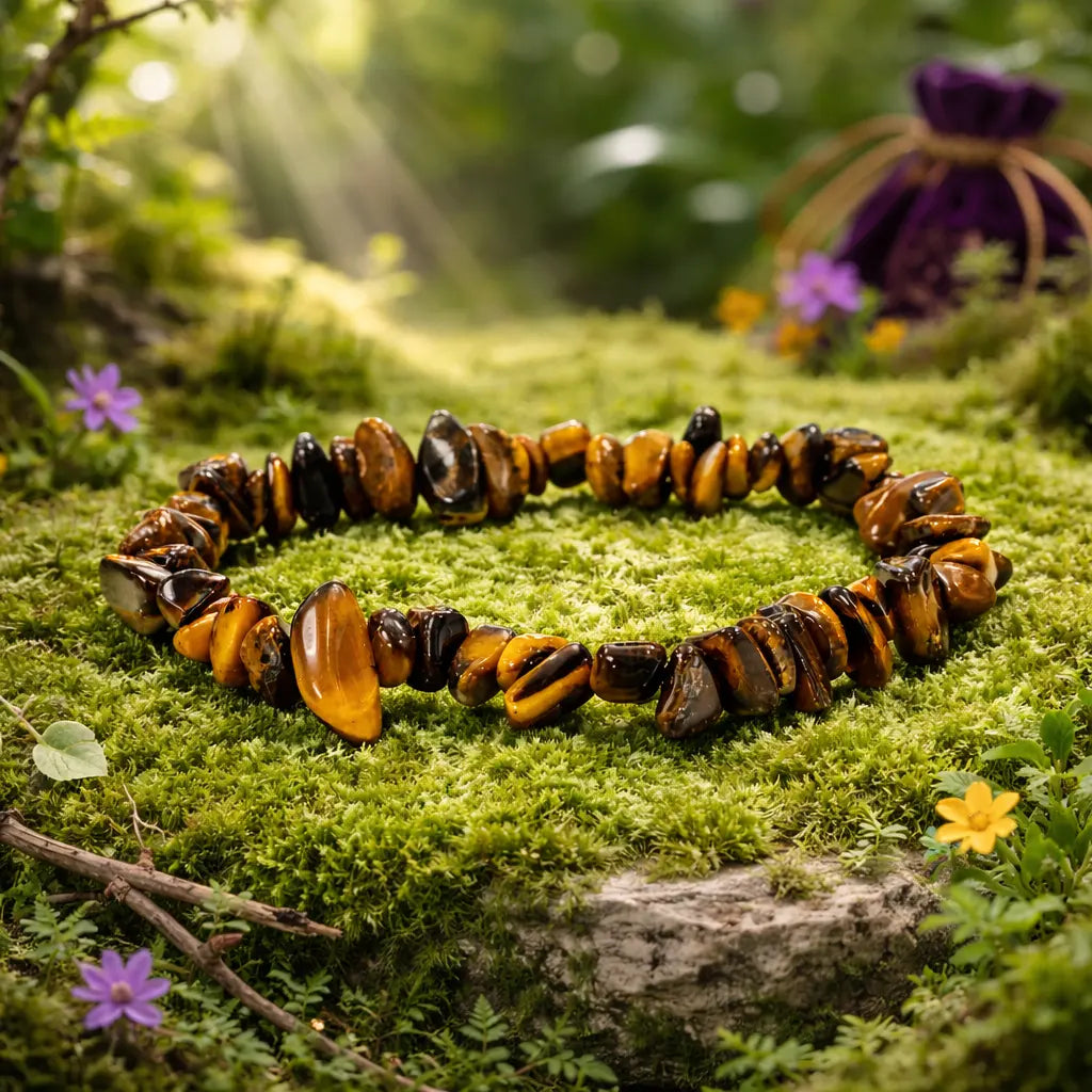 Bracelet baroque aux éclats de pierre oeil de tigre chatoyants, mêlant l'or et le brun sombre, déposé sur une mousse forestière lumineuse parsemée de fleurs violettes.