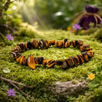 Bracelet baroque aux éclats de pierre oeil de tigre chatoyants, mêlant l'or et le brun sombre, déposé sur une mousse forestière lumineuse parsemée de fleurs violettes.