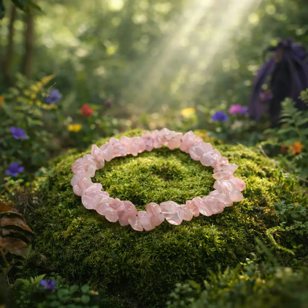 Bracelet délicat aux éclats de quartz rose givré et translucide, posé sur un dôme de mousse forestière verdoyante sous des rayons de lumière sacrée.