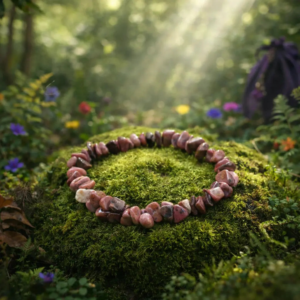 Bracelet baroque aux éclats de rhodonite rose mat marbrés de veines noires de manganèse, disposé sur un dôme de mousse forestière baigné d'une lumière céleste.