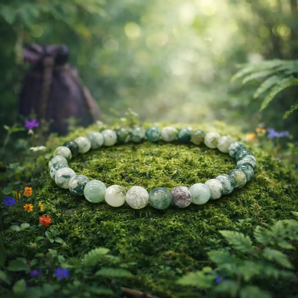 Bracelet de perles rondes et lisses en agate arbre aux motifs de feuillages verts et blancs, délicatement posé sur une mousse forestière vibrante.