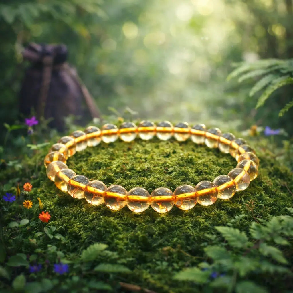 Bracelet de perles rondes en citrine naturelle d'un jaune miel translucide et lumineux, scintillant sur un tapis de mousse forestière sous un soleil printanier.