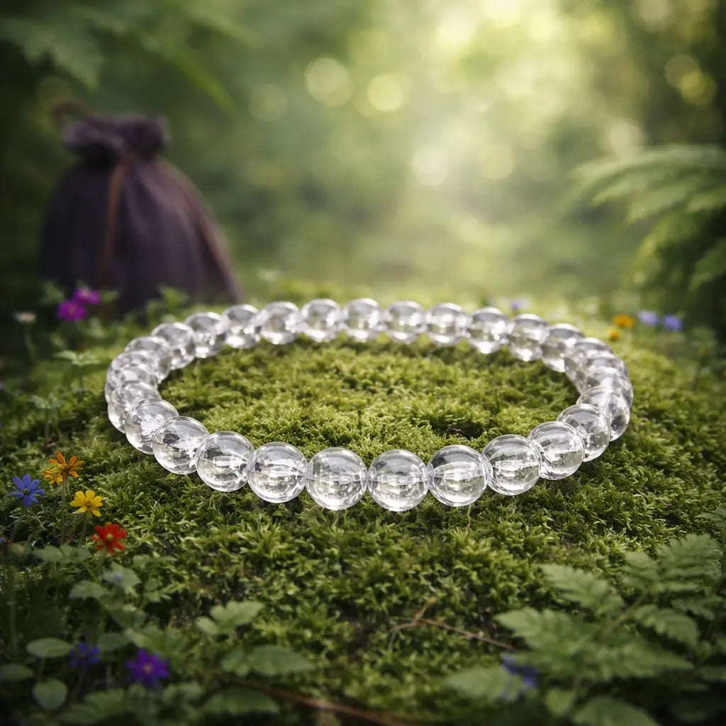Bracelet de perles rondes en cristal de roche parfaitement translucides et lumineuses, capturant la clarté solaire sur un tapis de mousse verte et fleurie.