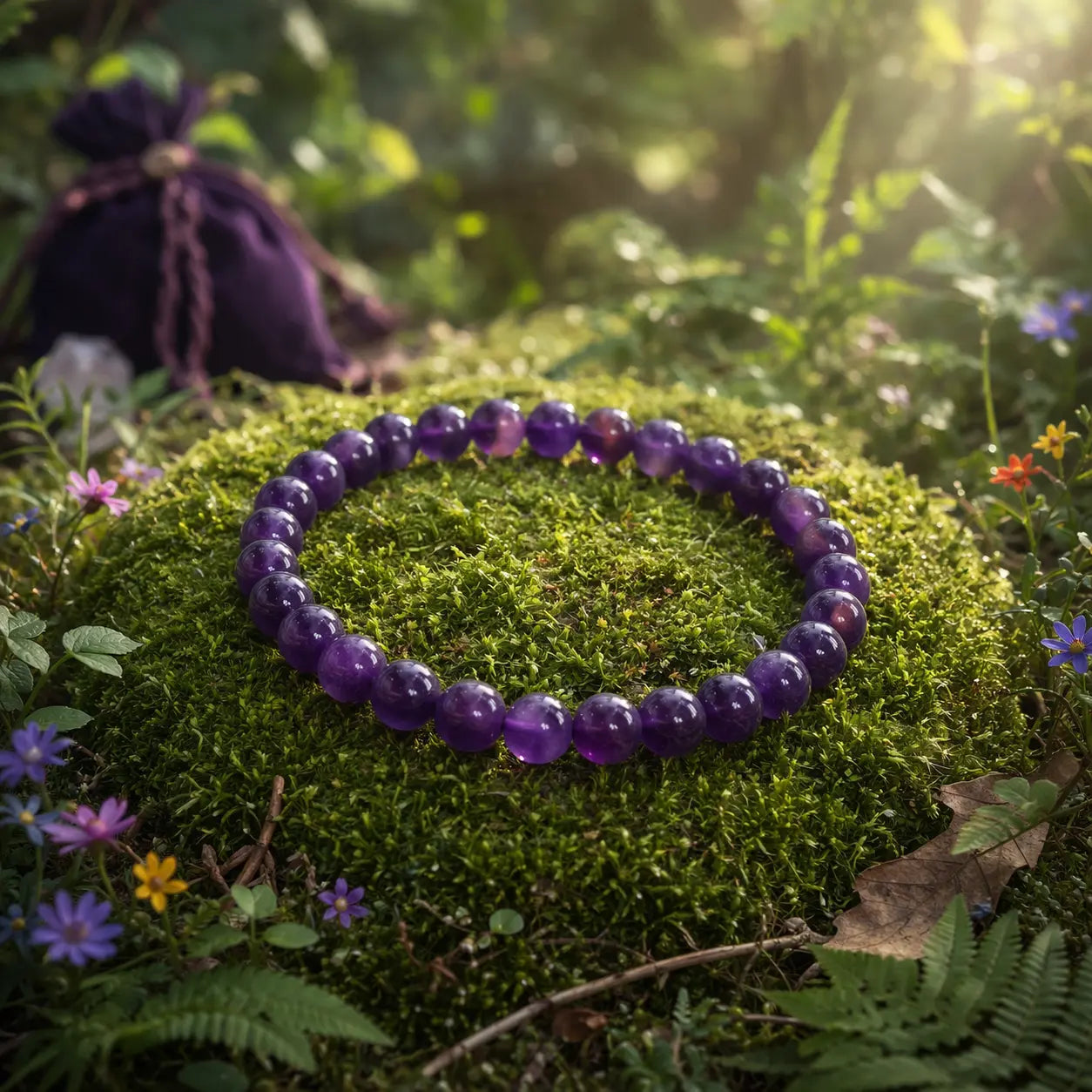 Bracelet de perles rondes en améthyste d'un violet sombre et profond, poli et scintillant sur un dôme de mousse forestière baigné d'une lumière mystique.