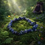 Bracelet baroque en sodalite bleue veinée de blanc lacté, déposé sur un monticule de mousse verte au cœur d'une forêt mystique traversée par des rayons de lumière.