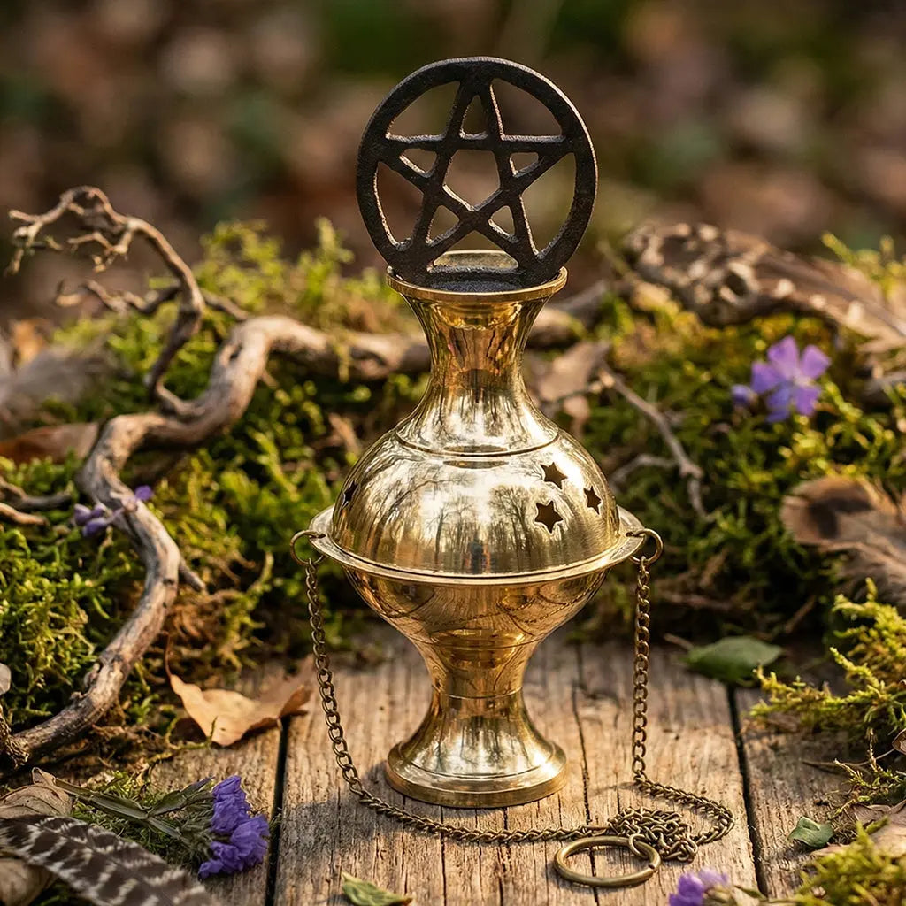 Encensoir Doré avec Chainette Motif Pentagramme posé sur une souche pour un rituel de purification.