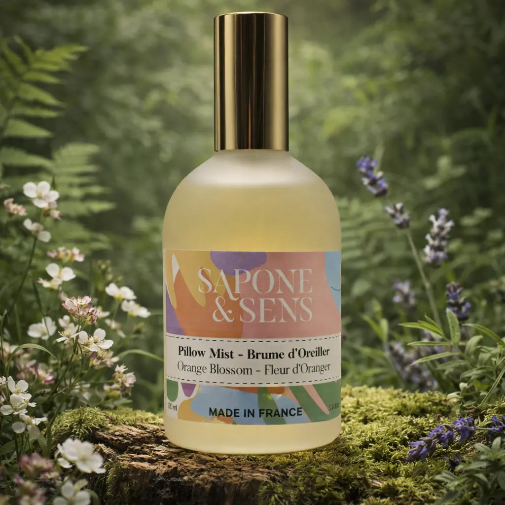 Flacon élégant de brume d'oreiller à la fleur d'oranger posé sur un socle de mousse sauvage, entouré de végétation luxuriante et de fleurs violettes sous une lumière tamisée.