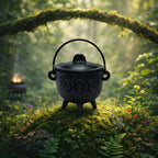 Chaudron en fonte noire orné du symbole de la Triple Lune et du Soleil, avec couvercle et anse, posé sur une butte moussue dans une forêt baignée de lumière.