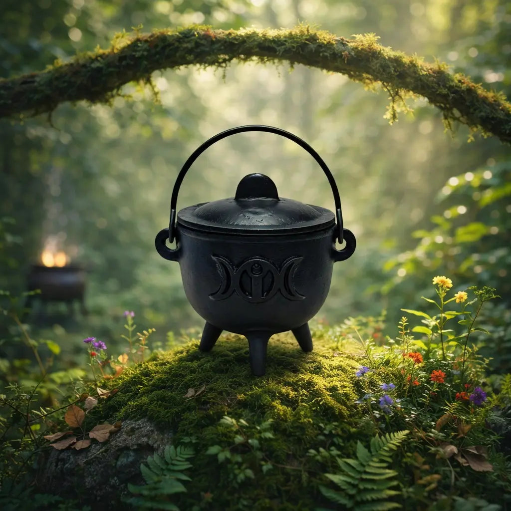 Chaudron en fonte noire orné du symbole de la Triple Lune et du Soleil, avec couvercle et anse, posé sur une butte moussue dans une forêt baignée de lumière.