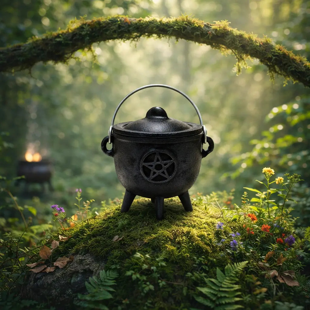 Chaudron en fonte noire avec le symbole du pentacle gravé, posé sur de la mousse dans une forêt lumineuse, avec son couvercle et son anse métallique.