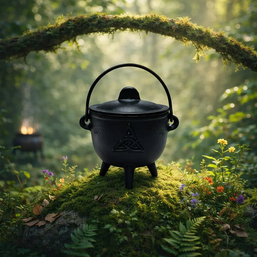 Chaudron en fonte noire orné du symbole Triquetra, avec couvercle et anse, posé sur un rocher moussu dans une forêt enchantée sous une lumière divine.