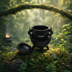 Un mini chaudron de sorcière en fonte noire, doté d'une anse et d'un couvercle posé à côté, installé sur un tapis de mousse et de fleurs dans une forêt mystique et lumineuse.