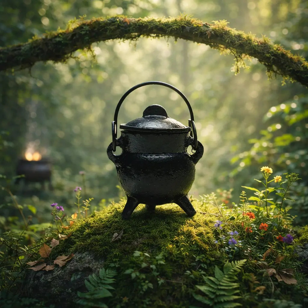 Mini chaudron magique en fonte noire avec couvercle et anse, posé sur une butte de mousse sauvage au cœur d'une forêt enchantée.