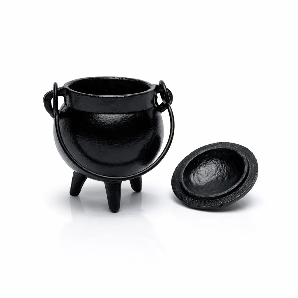 Chaudron en fonte noire avec anse et trois pieds, couvercle rond posé à côté sur fond blanc.