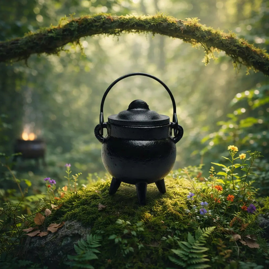 Chaudron en fonte noire de taille moyenne avec couvercle et anse, posé sur une butte de mousse forestière sous une arche de branches naturelle.