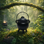 Chaudron en fonte noire de taille moyenne avec couvercle et anse, posé sur une butte de mousse forestière sous une arche de branches naturelle.