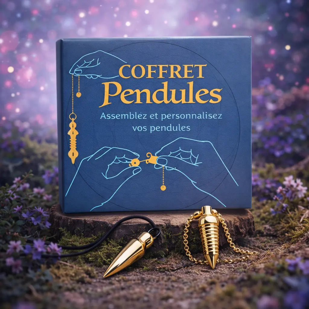 Boîte de coffret bleue "Coffret Pendules" posée dans la nature, accompagnée de deux pendules dorés de formes différentes, l'un sur cordon noir et l'autre sur chaîne dorée.