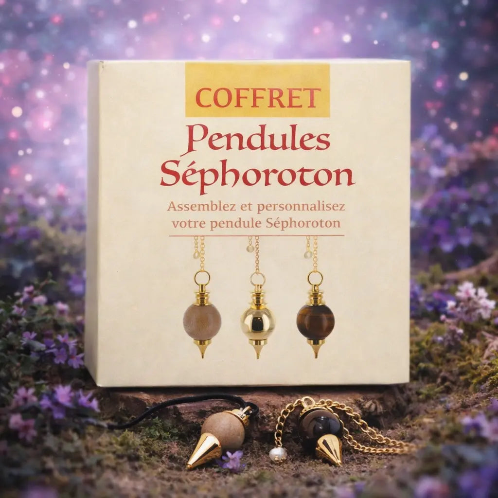 Boîte de coffret beige "Coffret Pendules Séphoroton" posée dans la nature, accompagnée de deux pendules Séphoroton, l'un en bois sur cordon noir et l'autre en œil de tigre sur chaîne dorée.