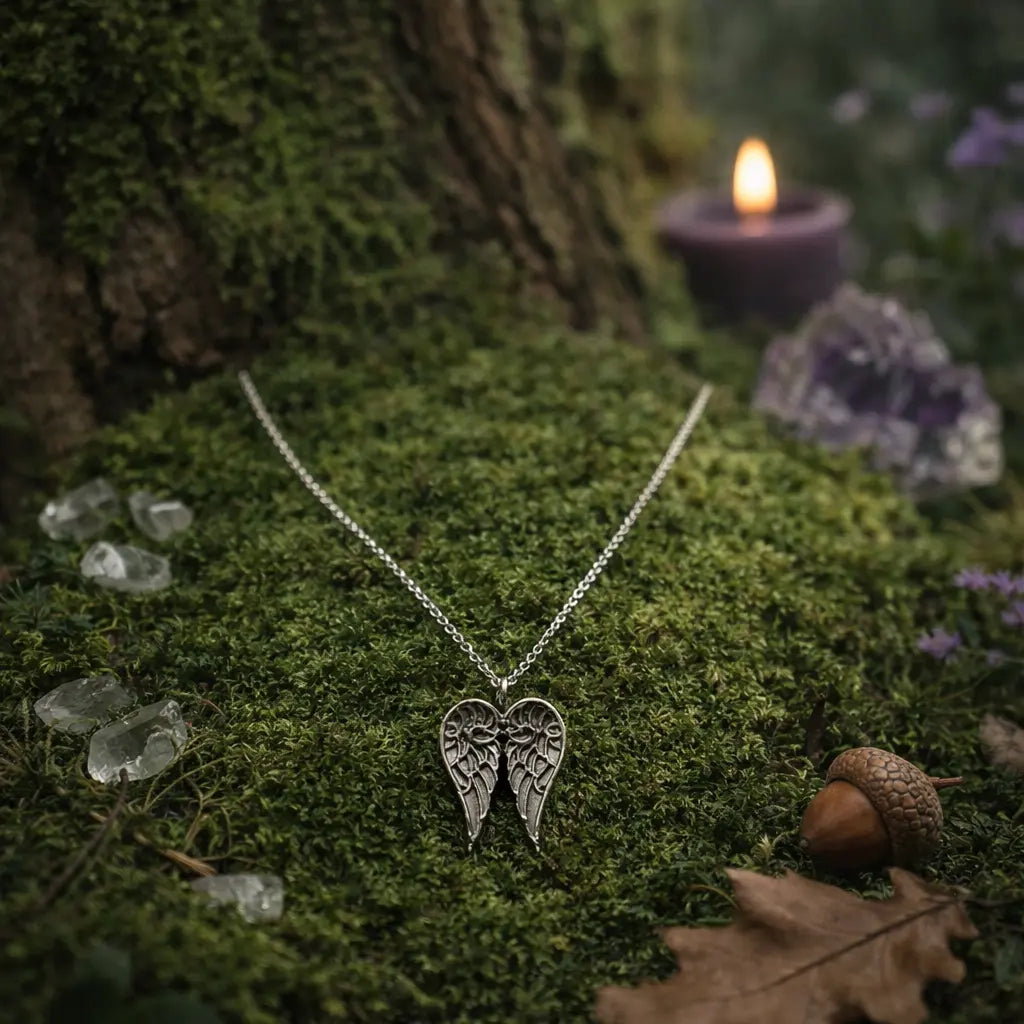 Collier argenté avec pendentif en forme de deux ailes d'ange finement ciselées, déposé sur de la mousse forestière entouré de cristaux de quartz et d'une bougie mystique.