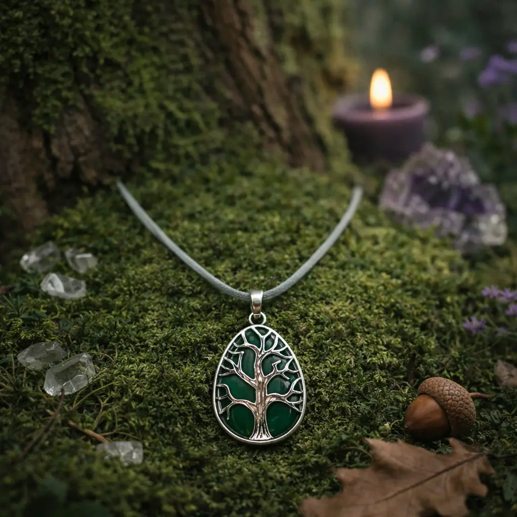 Pendentif en forme de goutte argentée orné d'un arbre de vie protecteur sur une pierre d'aventurine verte, déposé sur de la mousse forestière parsemée de cristaux.