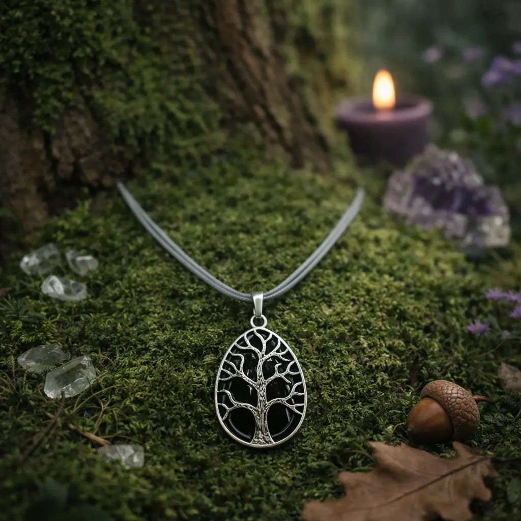 Pendentif goutte argenté ciselé d'un arbre de vie protecteur sur une pierre d'obsidienne noire vitreuse et brillante, posé sur de la mousse forestière sombre.