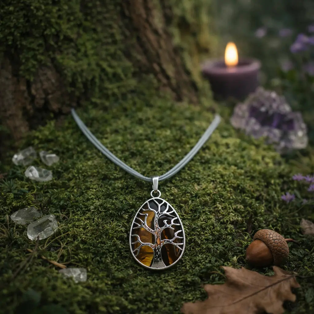 Pendentif goutte argenté ciselé d'un arbre de vie sur une pierre d'oeil de tigre chatoyante aux reflets dorés, posé sur de la mousse forestière parsemée de fleurs violettes.
