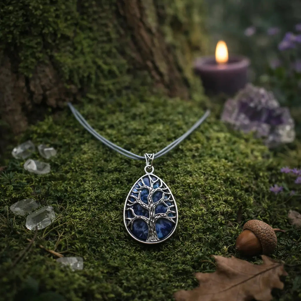 Pendentif goutte argenté ciselé d'un arbre de vie protecteur sur une pierre de sodalite bleu nuit veinée de blanc, posé sur de la mousse forestière parsemée de cristaux de quartz.
