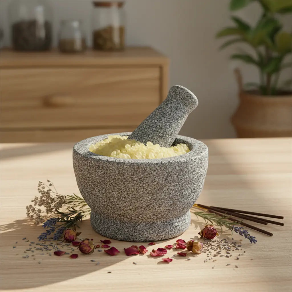 Mortier en pierre rempli de grains d’encens mastic jaune pâle, entouré de fleurs séchées et bâtonnets d’encens sur table en bois.

