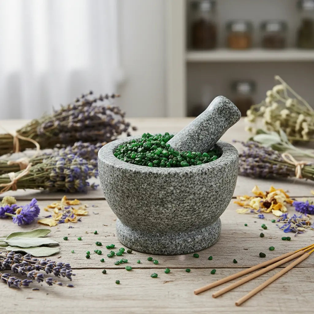 Mortier en pierre rempli de grains d’encens à la sauge verts, entouré de lavande séchée et bâtonnets d’encens sur table en bois.
