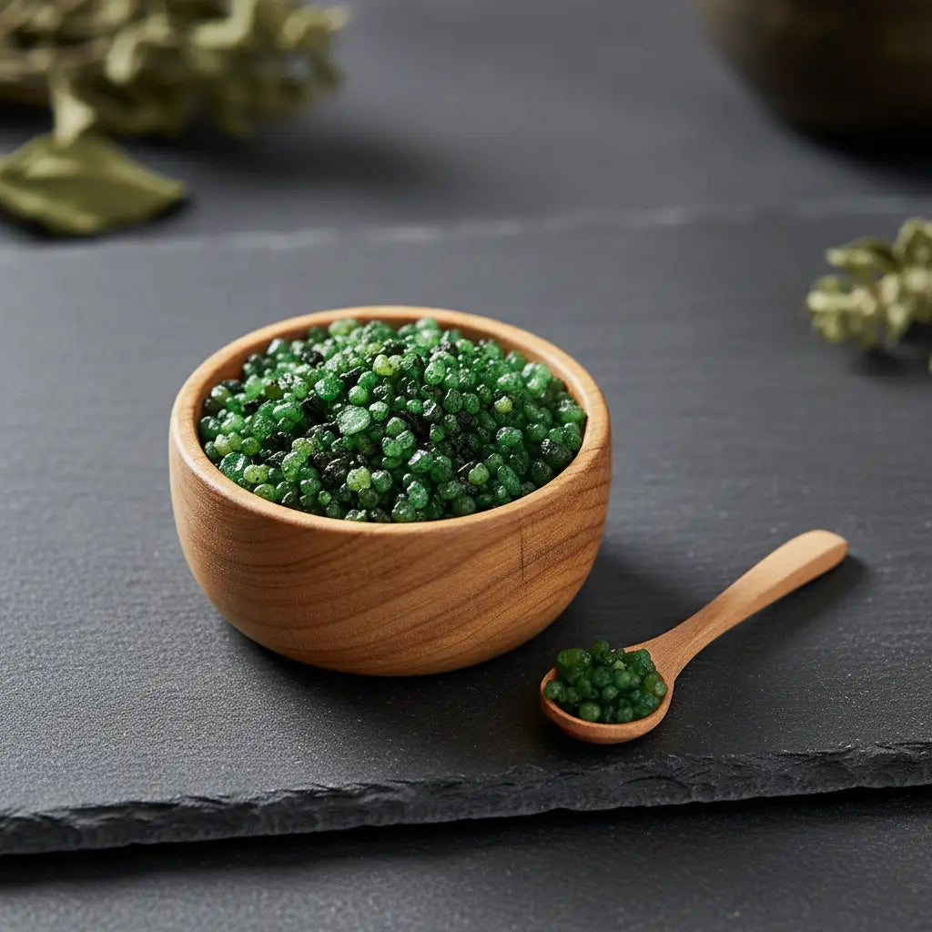 Coupelle en bois remplie de grains d’encens à la sauge verts avec petite cuillère sur plaque sombre.
