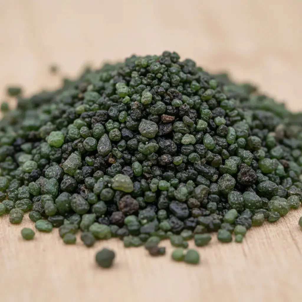 Gros plan sur un tas de grains d’encens à la sauge verts et foncés sur fond en bois.

