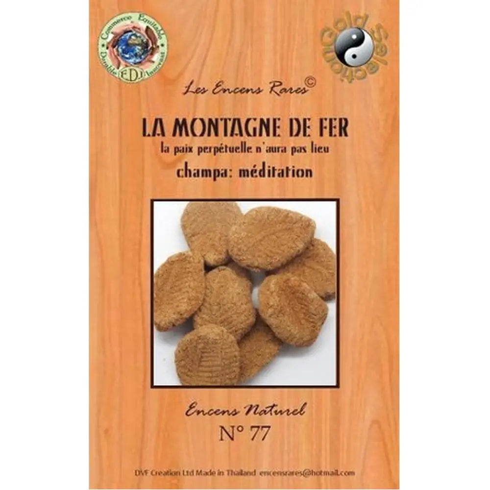 Boîte d’encens naturel « La Montagne de Fer » avec photo de cônes d’encens bruns sur fond effet bois.