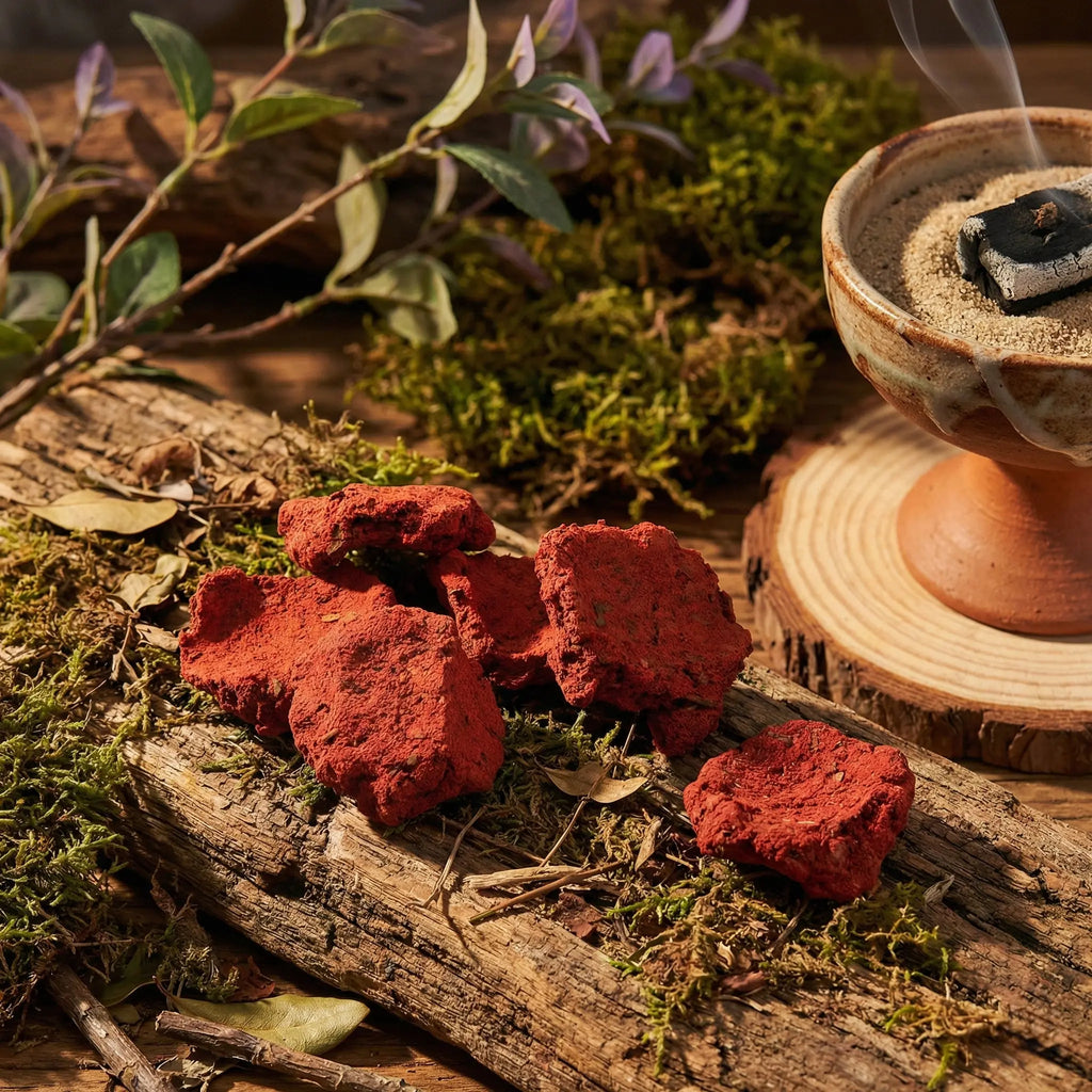 Encens Kyak-Hti-Yo sous forme de blocs rouges granuleux sur bois avec encensoir fumant.