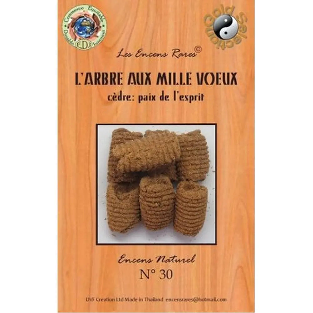 Paquet d’encens rares « L’Arbre aux Mille Vœux » n°30, visuel de rouleaux d’encens bruns sur fond bois.