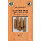 Sachet d'encens naturel La Cité des Anges N°81 Frangipanier Relaxant, emballage ton bois avec fenêtre sur les bâtonnets.