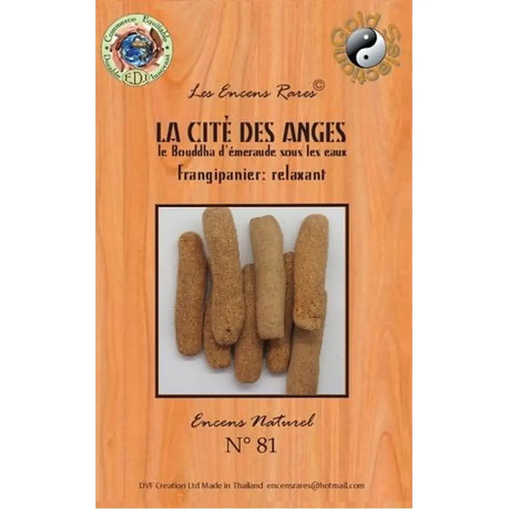 Sachet d'encens naturel La Cité des Anges N°81 Frangipanier Relaxant, emballage ton bois avec fenêtre sur les bâtonnets.