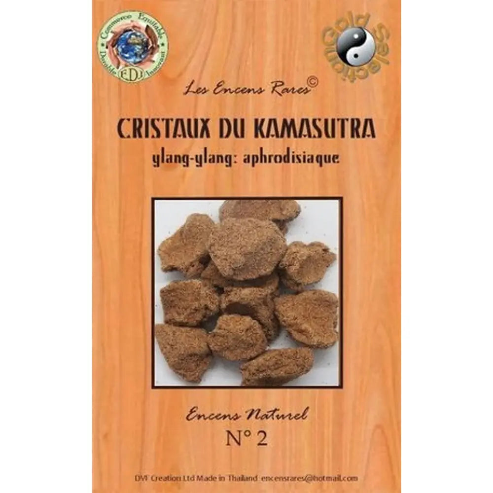 Sachet d'encens naturel Cristaux du Kamasutra N°2 Ylang-ylang, emballage ton bois avec fenêtre sur les cristaux.