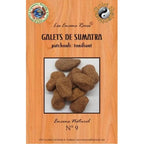 Sachet d'encens naturel Galets de Sumatra N°9 Patchouli tonifiant, emballage ton bois avec fenêtre sur les galets.