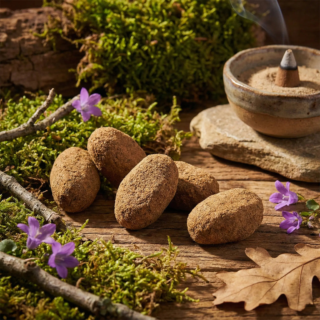 Galets d’encens bruns posés sur table en bois, avec porte-encens en céramique fumant, mousse, branches et fleurs violettes.